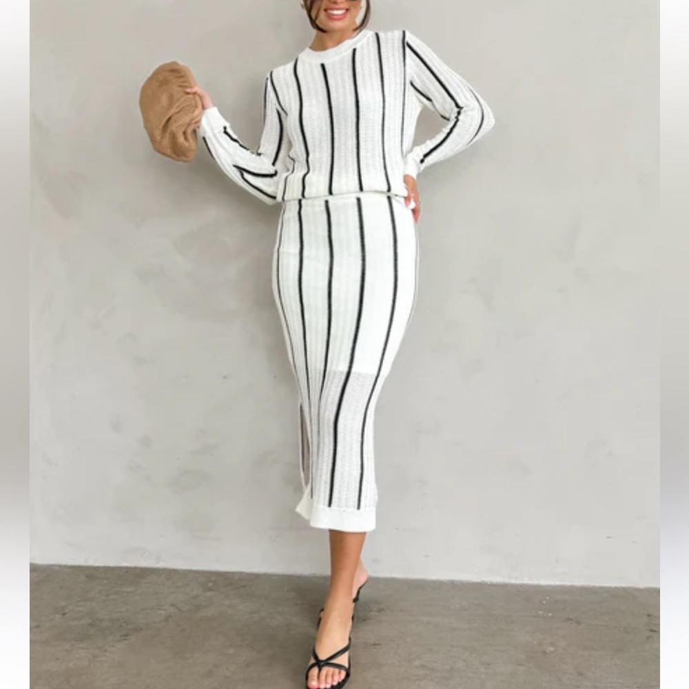 Ivory & Black Stripe Open Knit Midi Skirt & Sweater Set, XL